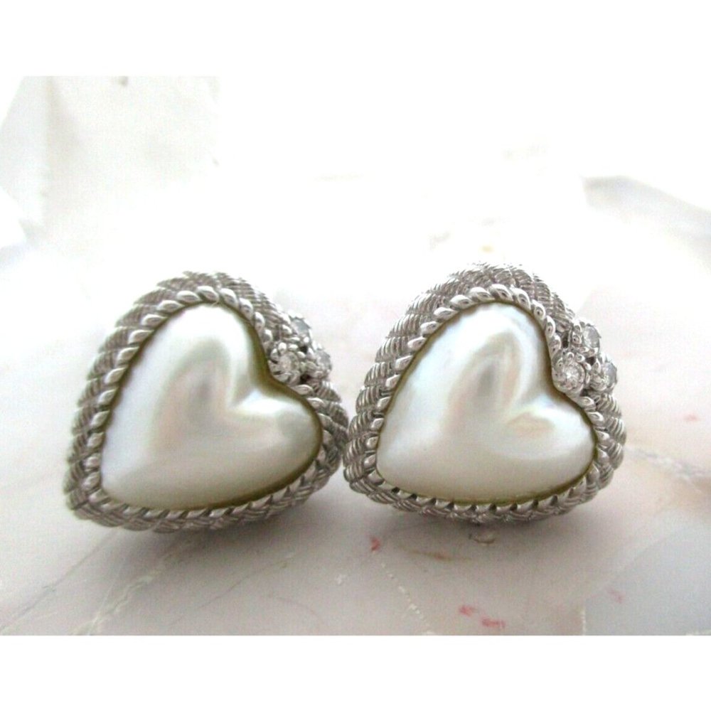 Judith Ripka Sterling Silver CZ Whit Mabe Pearl Heart Clip On Earrings